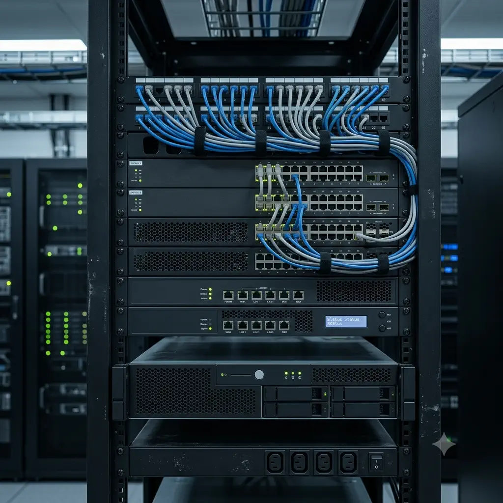Server room with local area network equipment and cyber security systems